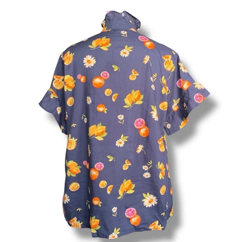 Wayward Fancies eShakti Navy Blue Citrus Print Button-Down Blouse Ruffled Collar - Picture 6 of 9